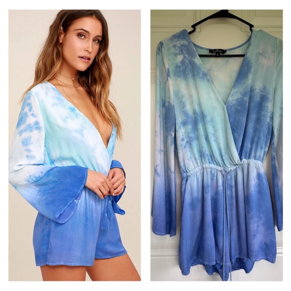 Lulus Romper Women Small Blue Tie Dye Long Sleeve Boho Festival - Picture 13 of 13